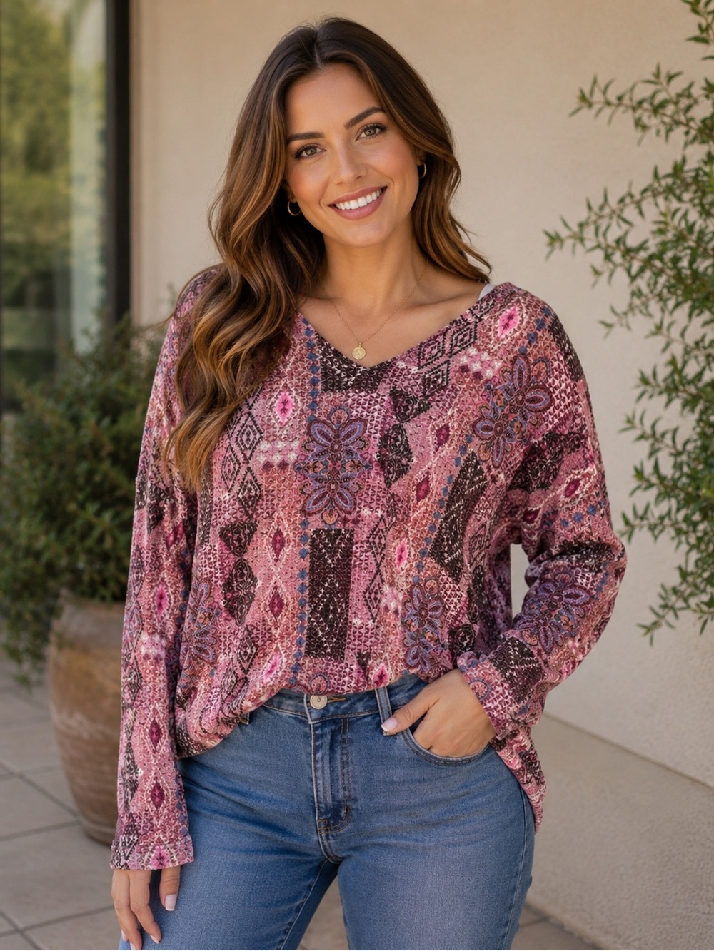 Entro Paisley Geometric V-Neck Mixed Print Top Size Small #G120